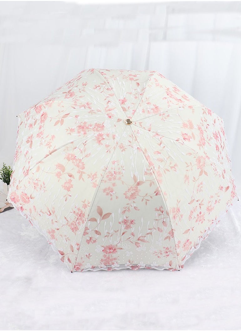 Joychic - Women Portbale Elegant Lace Pattern Sun-Proof Rain-Resistant 3 Fold Travel Umbrella Pink - Image 1