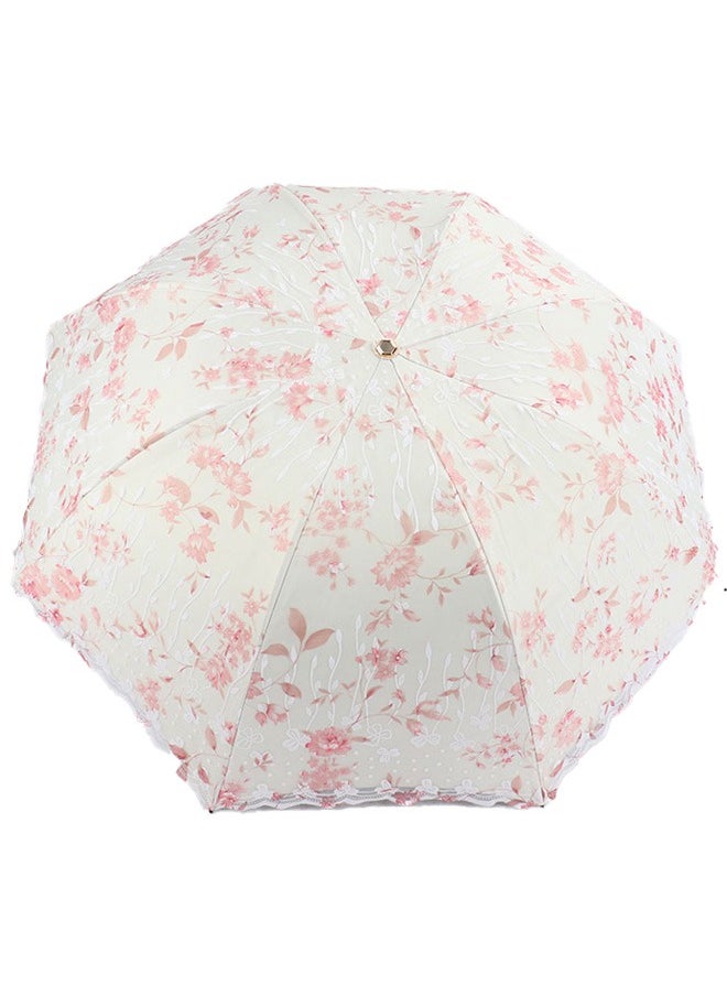 Joychic - Women Portbale Elegant Lace Pattern Sun-Proof Rain-Resistant 3 Fold Travel Umbrella Pink - Image 1
