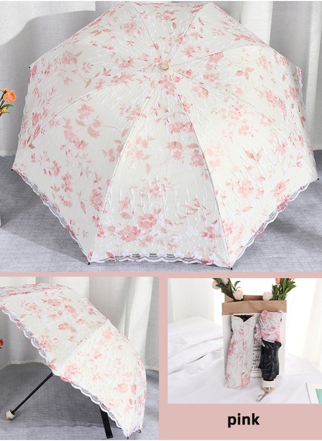 Joychic - Women Portbale Elegant Lace Pattern Sun-Proof Rain-Resistant 3 Fold Travel Umbrella Pink - Image 1