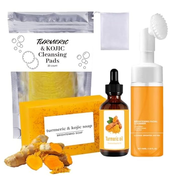 DENESTUP Turmeric Wash and Care 4 Piece Set, Turmeric Face Wash with Brush, Gentle Cleansing Moisturizing Skincare Set for Face Soap Bar | Mousse Cleanser | Essential Oil | Cleansing Pads - Image 1