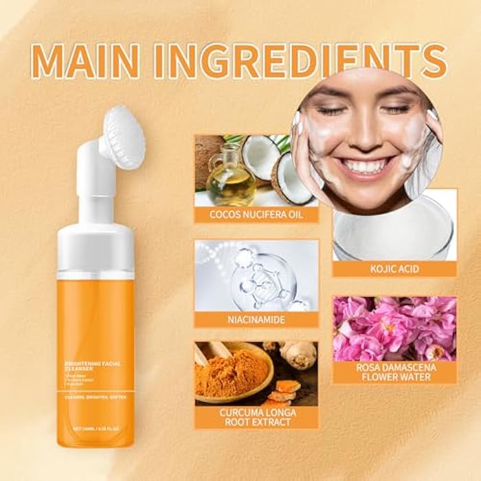 DENESTUP Turmeric Wash and Care 4 Piece Set, Turmeric Face Wash with Brush, Gentle Cleansing Moisturizing Skincare Set for Face Soap Bar | Mousse Cleanser | Essential Oil | Cleansing Pads - Image 2