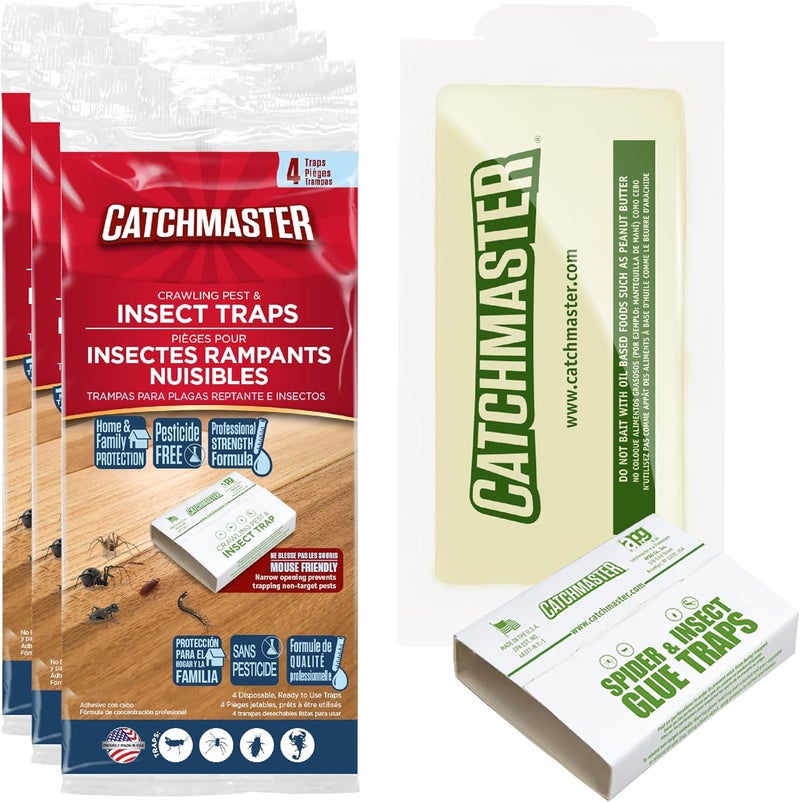 Catchmaster Crawling Pest & Insect Glue Traps 12-Count (3 Packs of 4), Insect Traps Indoor for Home, Pest Control Glue Boards, Adhesive Tray for Bugs, Spiders, Crickets, Roaches, & Ants - Image 1