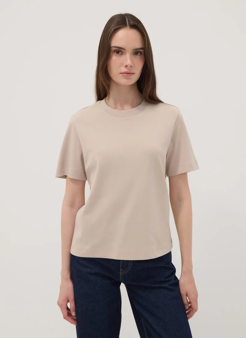 او في اس OVS Beige Relaxed-Fit Pure Cotton Short-Sleeve T-Shirt