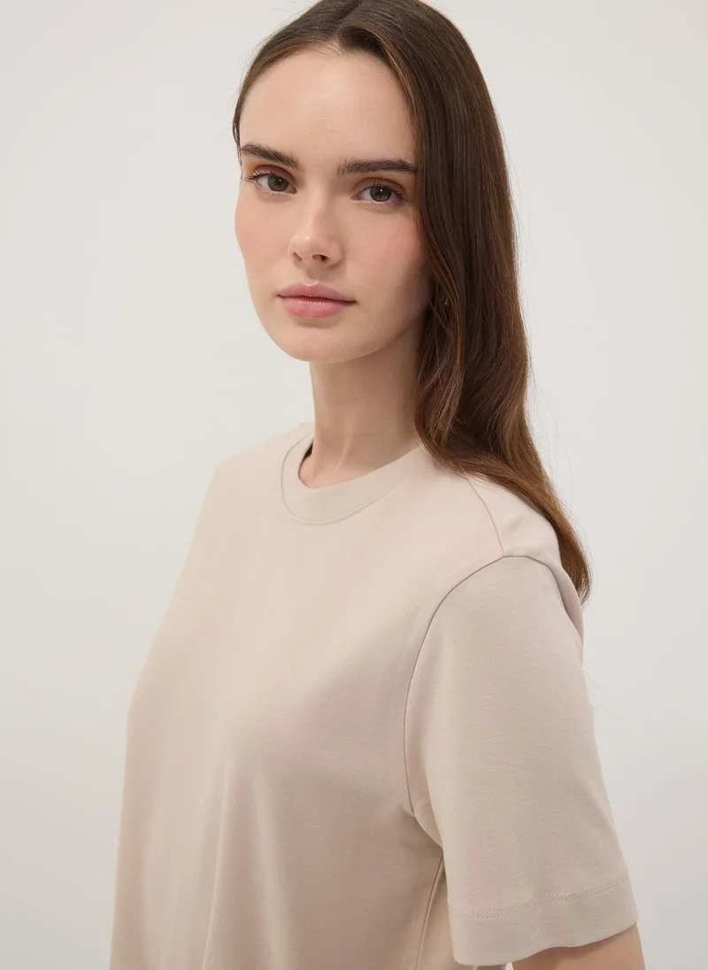 Ovs  OVS Beige Relaxed-Fit Pure Cotton Short-Sleeve T-Shirt for Women | Best Price UAE