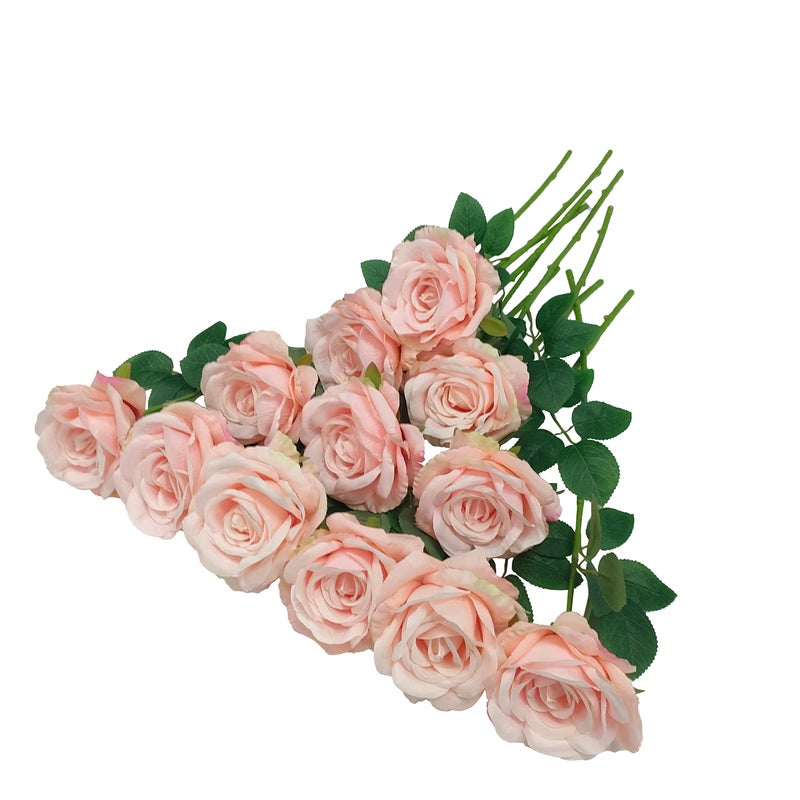 ATFL Blush Flowers12 Pcs Blush Pink RosesLight Pink ArtificialFlower Diameter 4Artificial Roses with Stems for Wedding Arrangement Centerpieces Party Home Table DecorationsBlush Pink