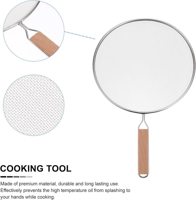 Stainless Steel Oil Splatter Guard With Heat Resistant Wooden Handle Fine Mesh Screen - Image 2