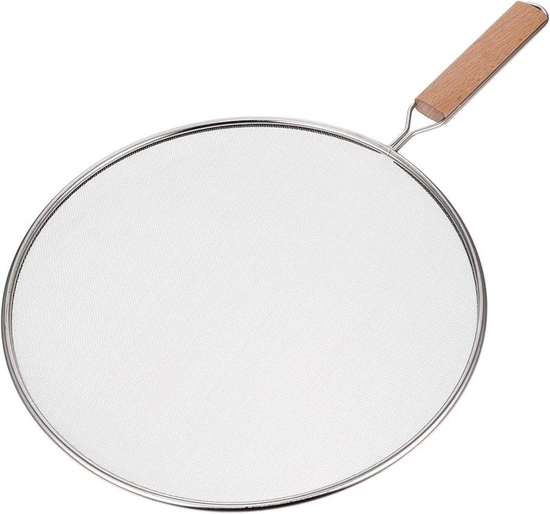 Stainless Steel Oil Splatter Guard With Heat Resistant Wooden Handle Fine Mesh Screen - Image 1