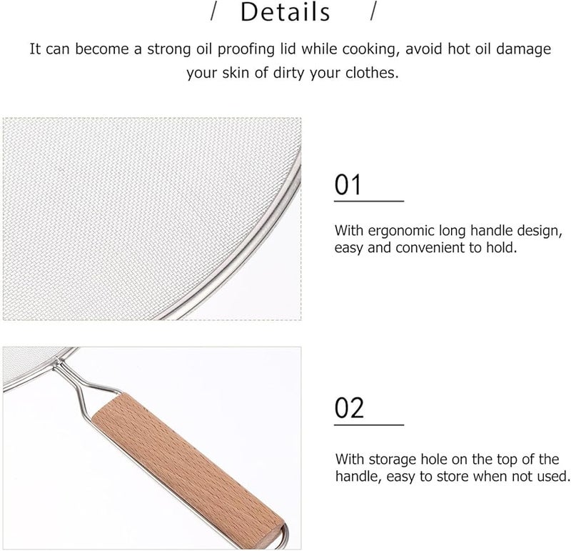 Stainless Steel Oil Splatter Guard With Heat Resistant Wooden Handle Fine Mesh Screen - Image 4