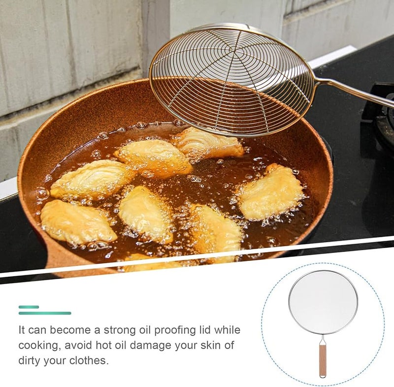 Stainless Steel Oil Splatter Guard With Heat Resistant Wooden Handle Fine Mesh Screen - Image 5