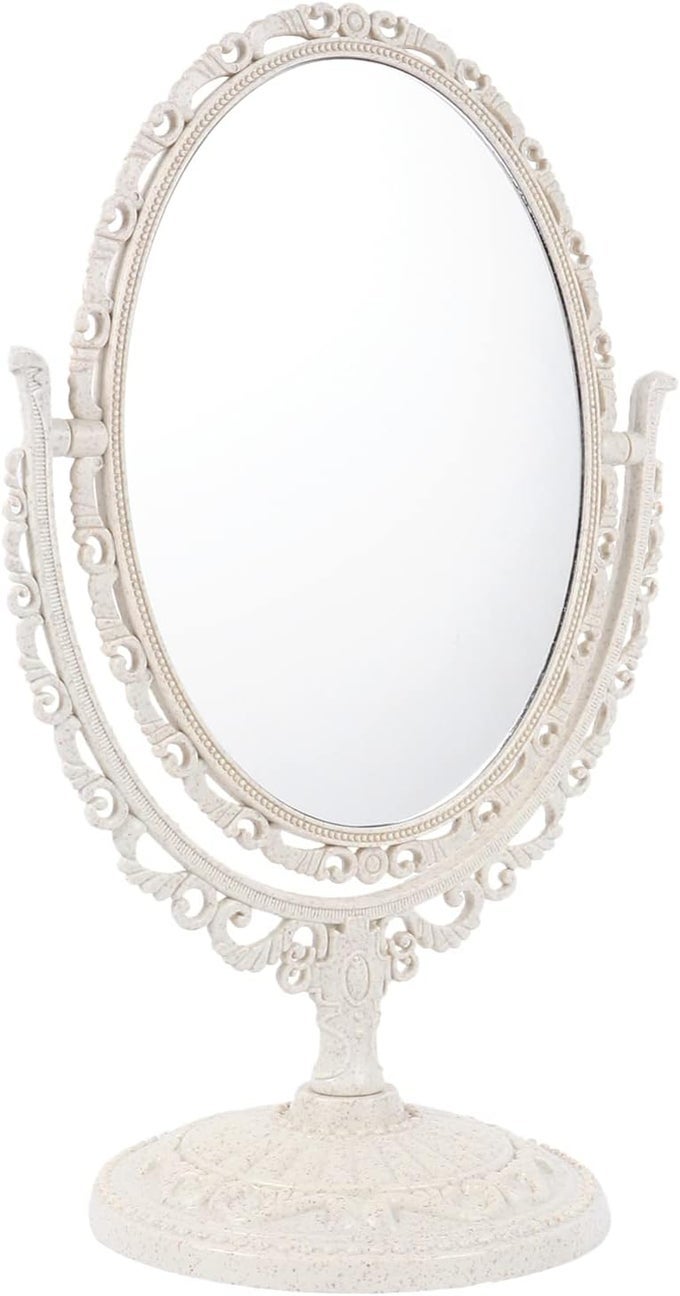 OVAL DRESSING MIRROR TABLETOP MAKEUP MIRROR, VINTAGE OVAL SHAPED MAKEUP MIRROR SWIVEL COSMETIC MIRROR WITH 360 DEGREE ROTATION FOR WOMEN TRAVEL BEDROOM, BEIGE