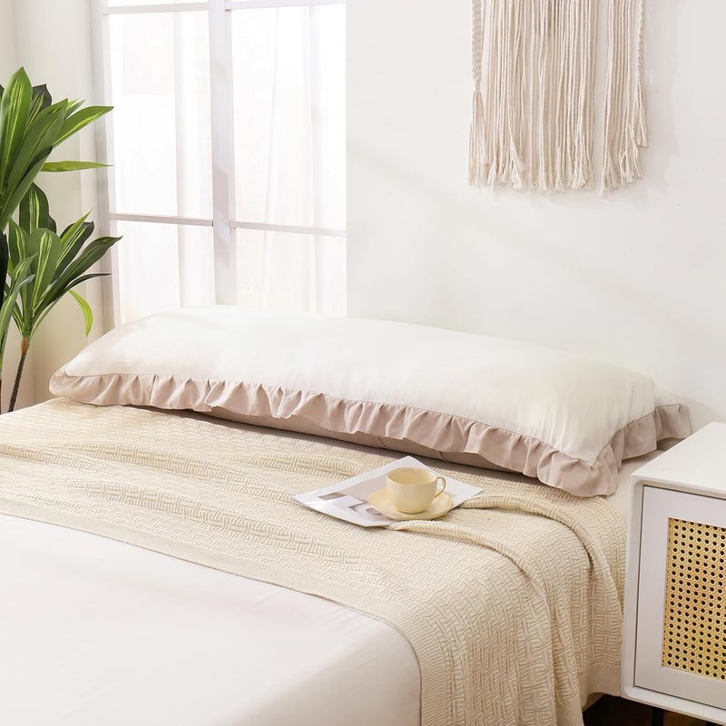 Merryword Beige Body Pillow Cover 20x54inches White and Beige Reversible Long Pillowcase Ruffled Body Pillowcases Cute Pillowcase Pillow Sham (1 Body, White Beige) - Image 3