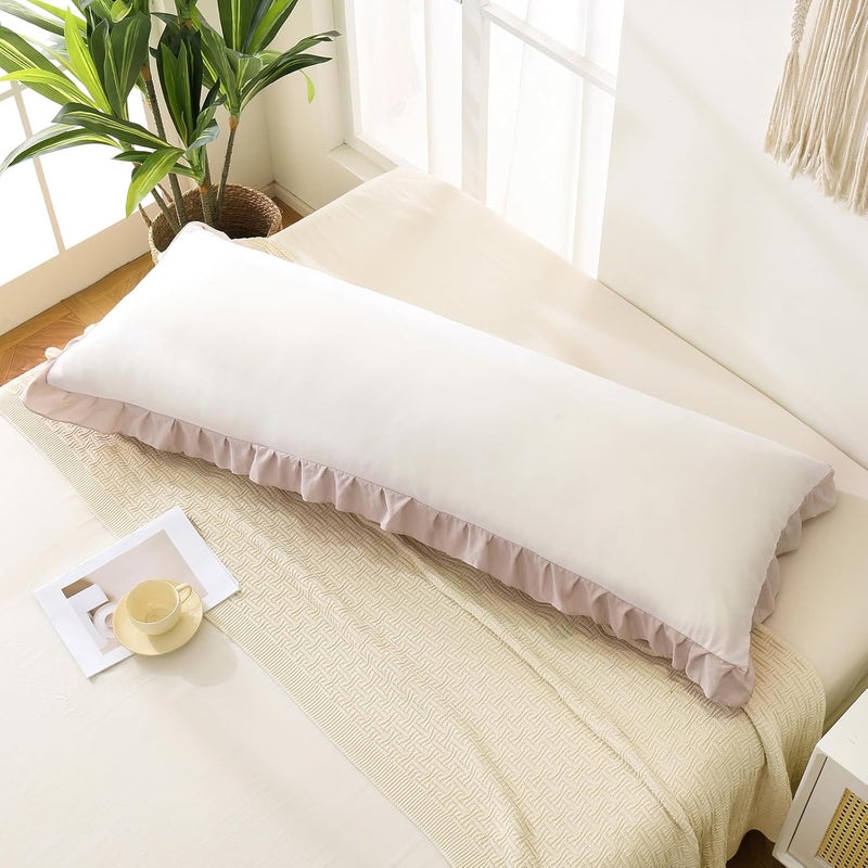 Merryword Beige Body Pillow Cover 20x54inches White and Beige Reversible Long Pillowcase Ruffled Body Pillowcases Cute Pillowcase Pillow Sham (1 Body, White Beige) - Image 4