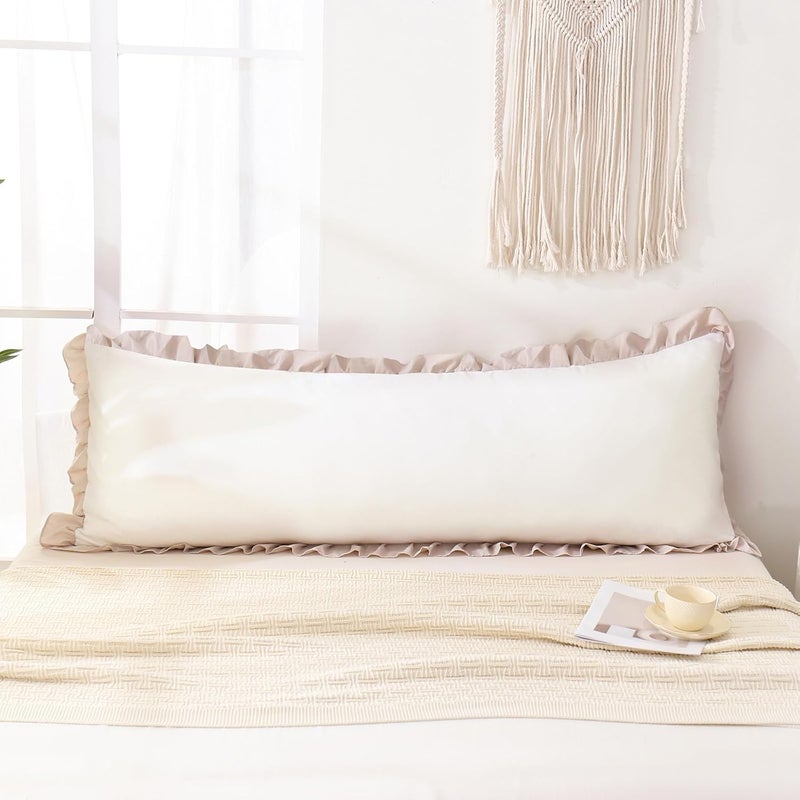 Merryword Beige Body Pillow Cover 20x54inches White and Beige Reversible Long Pillowcase Ruffled Body Pillowcases Cute Pillowcase Pillow Sham (1 Body, White Beige) - Image 2