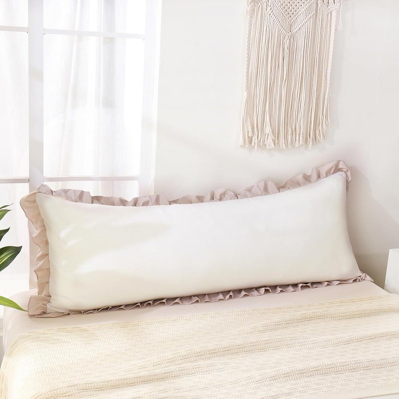 Merryword Beige Body Pillow Cover 20x54inches White and Beige Reversible Long Pillowcase Ruffled Body Pillowcases Cute Pillowcase Pillow Sham (1 Body, White Beige) - Image 1
