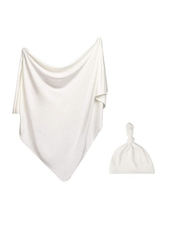 iEvolve iEvolve Cotton Knitted Baby Swaddle Blanket with Hat Headband Set Newborn Swaddle Wrap Receiving Blankets for Baby Girl Boy 35" x 35"(White)  - Image 1