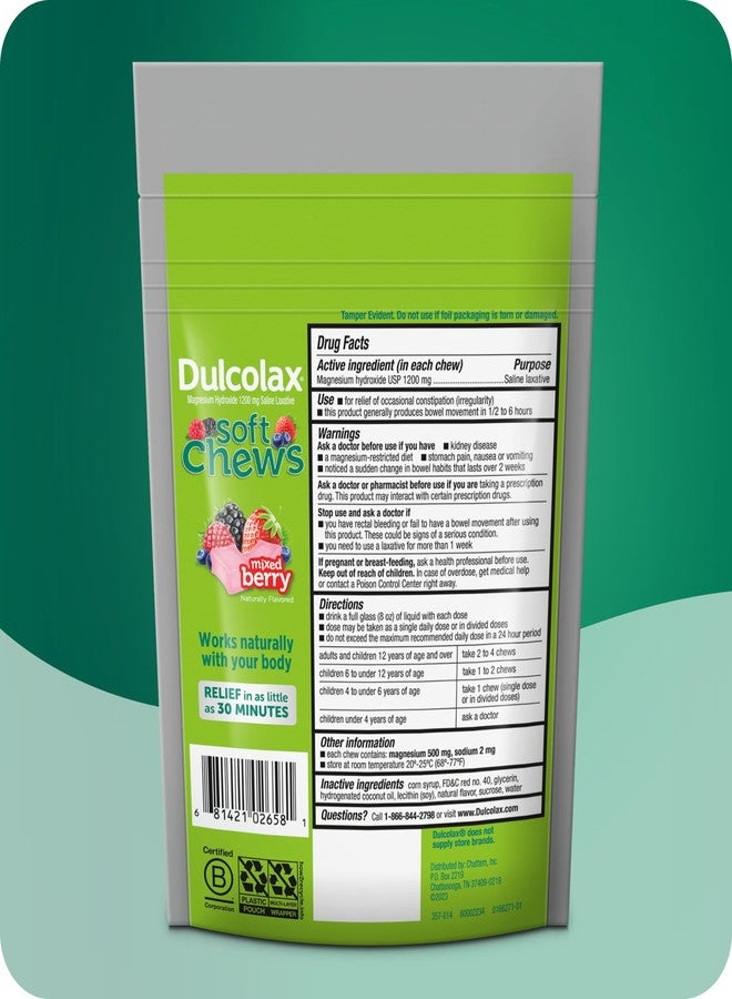 Dulcolax Saline Laxative Soft Chews, Gentle Constipation Relief, Mixed Berry Flavor, Magnesium Hydroxide 1200 mg, 15 Count - Image 3