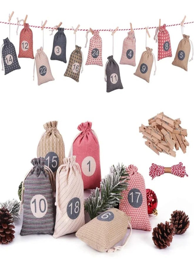 HIPIHOM Christmas Advent Calendar Bags, 24 Days Countdown Calendar Burlap bags Hanging Advent Calendar Gift Favors for Xmas Decorations, Reusable Fabric Bags With Drawstring Closure(retro country style) - Image 1