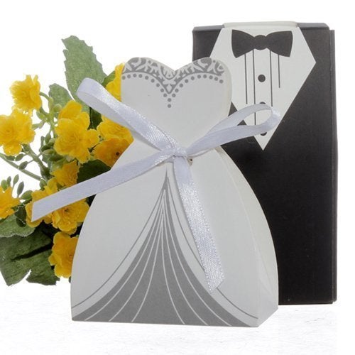 cnomg 100pcs Party Wedding Favor Dress & Tuxedo Bride and Wholesale Candy Favor Box, Creative Dress Gift Box Bow-knot Bonbonniere for Christmas Wedding Party Birthday Bridal Shower Decoration - Image 5