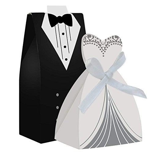cnomg 100pcs Party Wedding Favor Dress & Tuxedo Bride and Wholesale Candy Favor Box, Creative Dress Gift Box Bow-knot Bonbonniere for Christmas Wedding Party Birthday Bridal Shower Decoration - Image 1