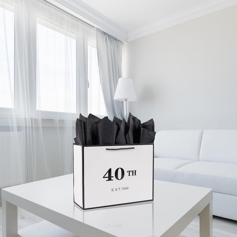 Jaywayang 40th Birthday White and Black Large Gift Bag with Card and Tissue Paper, Metallic Printing Keepsake Gift Vintage Bag for Men Women, 1986 Wife Husband 40 Year Old Party Paper Bag for Wrapping. - Image 4