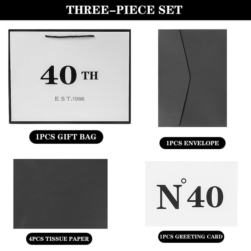 Jaywayang 40th Birthday White and Black Large Gift Bag with Card and Tissue Paper, Metallic Printing Keepsake Gift Vintage Bag for Men Women, 1986 Wife Husband 40 Year Old Party Paper Bag for Wrapping. - Image 5