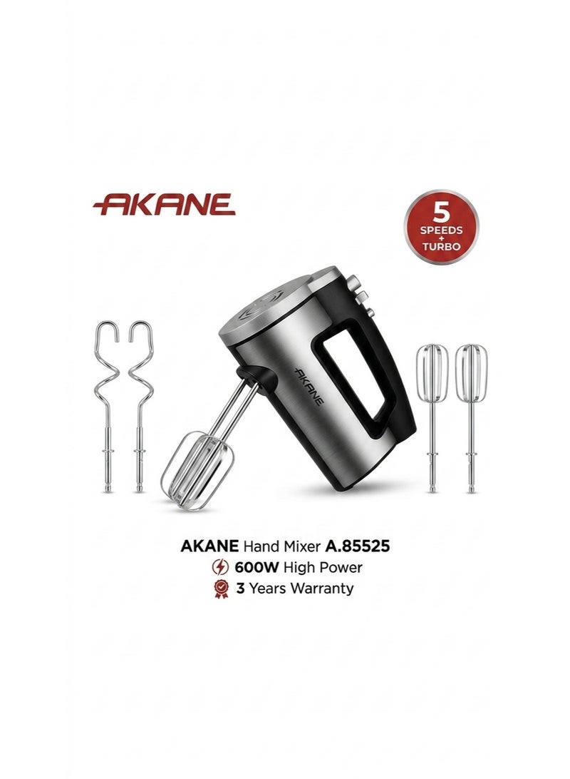 خلاط يدوي كهربائي من أكاني (AKANE)، بقدرة 600 وات، 5 سرعات مع خاصية التربو، يتضمن خطافات عجن ومضرب بيض - موديل A.85525