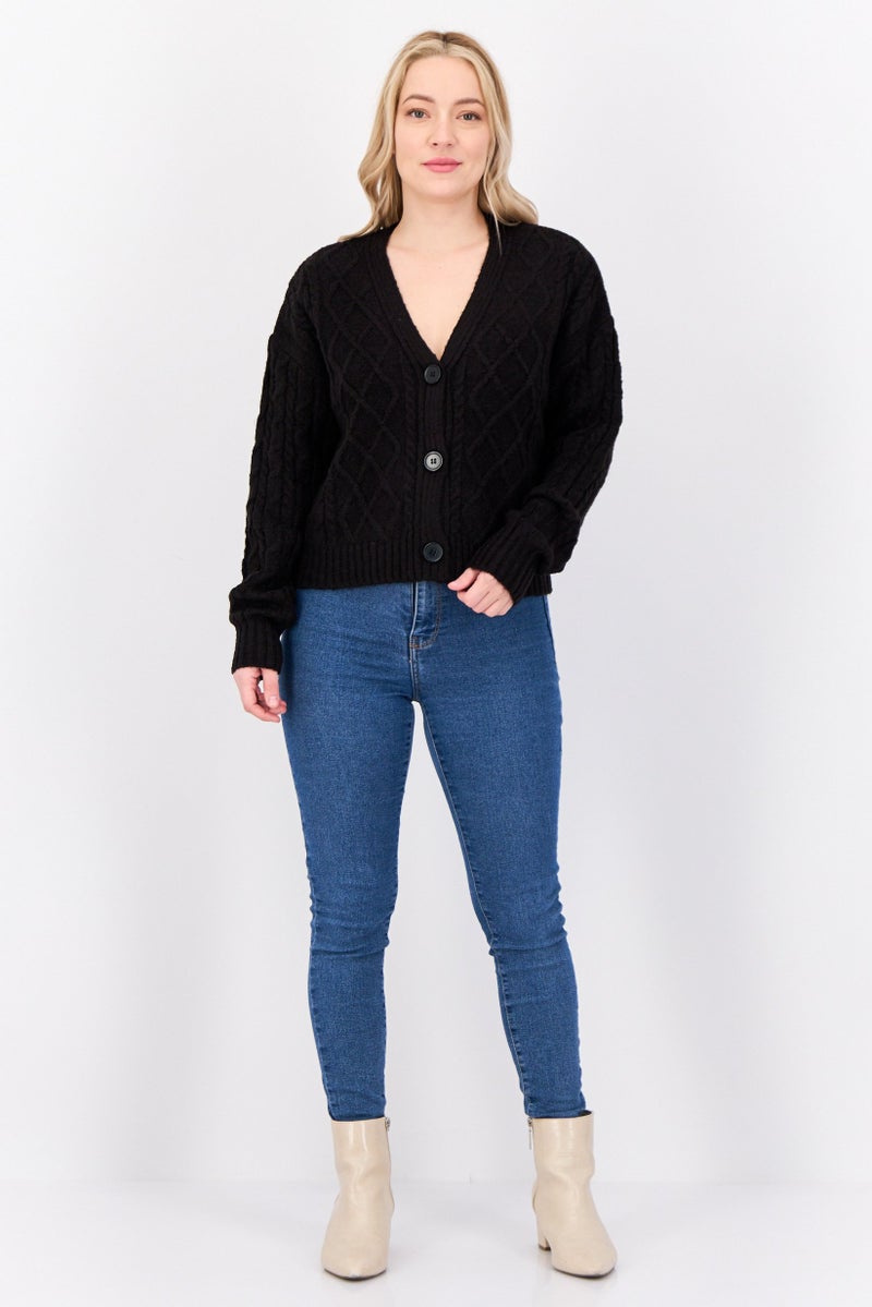 No Comment Women V-Neck Button Front Cable Chunky Cardigan, Black  - Image 3