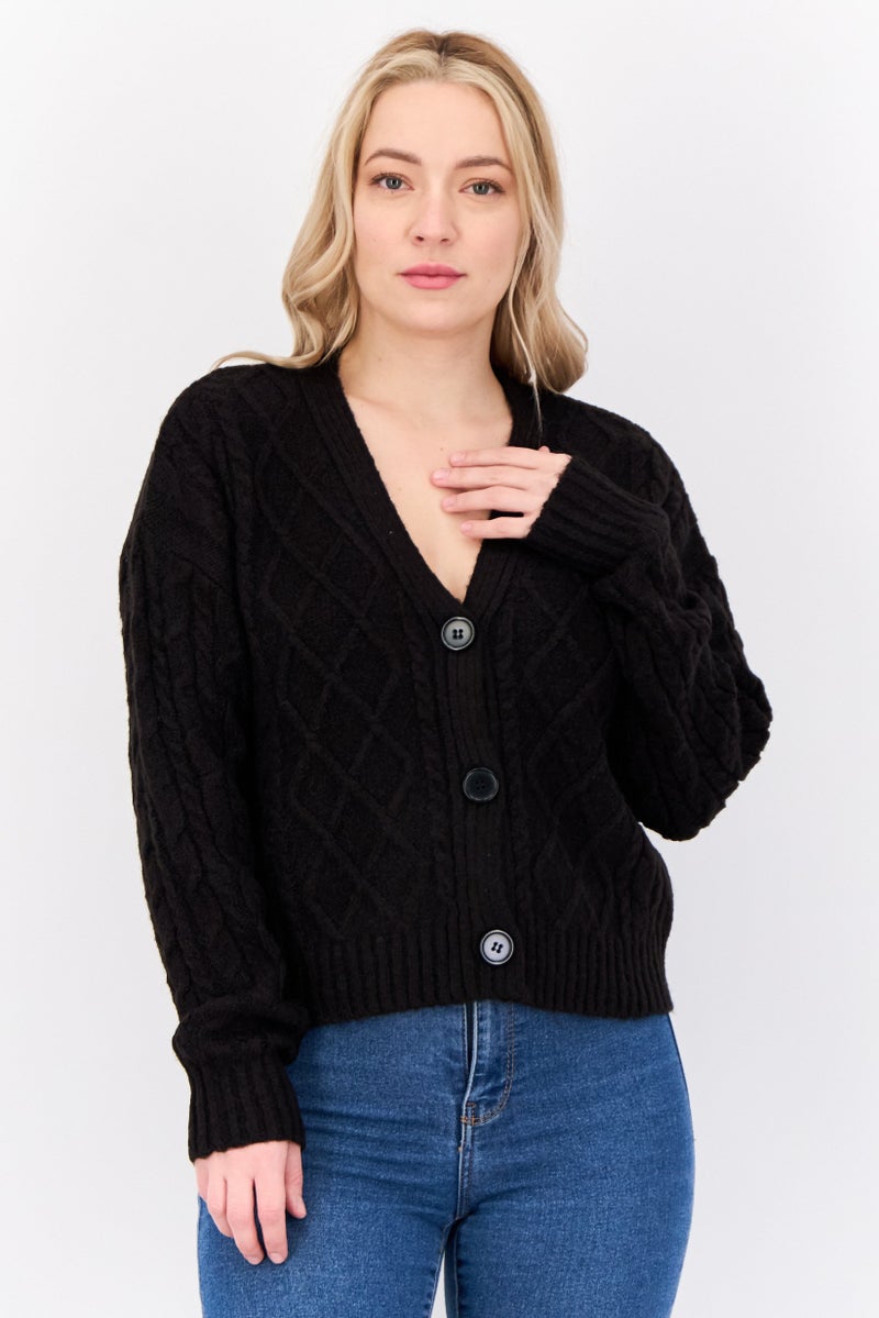 No Comment Women V-Neck Button Front Cable Chunky Cardigan, Black  - Image 1