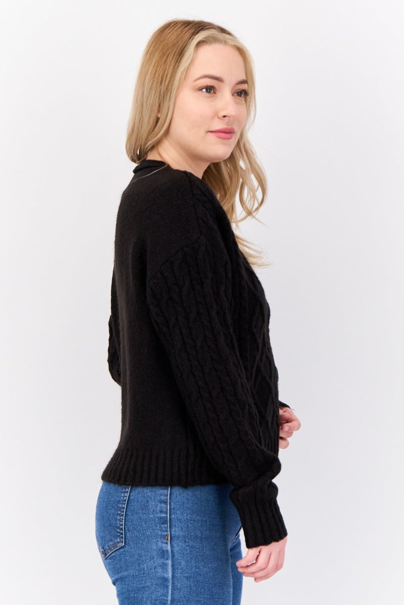 No Comment Women V-Neck Button Front Cable Chunky Cardigan, Black  - Image 2