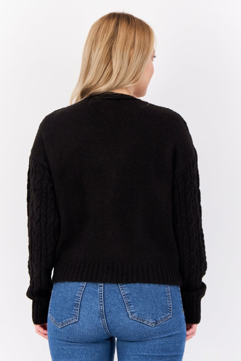 No Comment Women V-Neck Button Front Cable Chunky Cardigan, Black  - Image 4