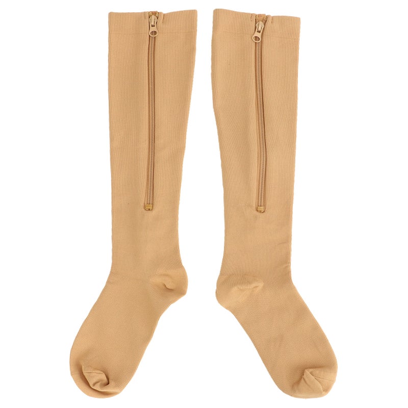 1 Pair 15‑20mmHg Closed Toe Zipper Compression Socks Women Knee High Compression Stockings Skin Color XXL - Image 1