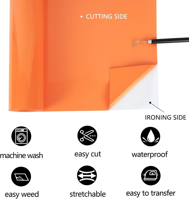 TUMIYA Orange Heat Transfer Vinyl HTV Rolls, 12" x 8ft Orange Iron on Vinyl for T-Shirt, Glossy Adhesive HTV Vinyl for Heat Press DIY Design Easy to Cut - Image 3