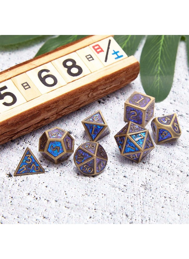 Fengyi - Metal Dice Set D&D 7Piece Polyhedron Dnd D20 D12 D10 D8 D6 D4 Dungeons And Dragons Dice Set Suitable For Rpg Game Dnd Dice Set (Bronze + Blue Powder) - Image 1