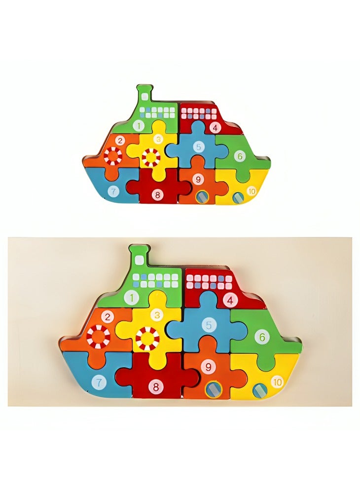 Colorful Wooden 3D Puzzles, Shape Design with Numbers, Teacher Parents Early Learning Support Tools, Attractive Patterns, Montessori Fine Motor Skill Develop Toys, Ideal Kids Gift (Ship Shape) - Image 1