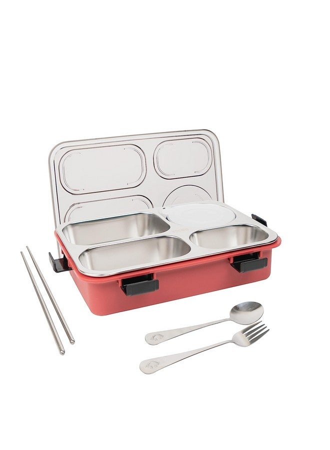 Brand Conquer Lunch Boxes For Adults - Lunch Box For Kids With Spoon & Fork - Durable Perfect Size For On-The-Go Meal, Bpa-Free And Food 4 Compartment Stainless Steel (4 Compartment, Red) - Image 1