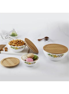 Cello CELLO Opalware Royale Mixing Bowl Set with Bamboo Lid - Botanica 500ml, 1000ml, 1500ml, White, 3 Units  - Image 1