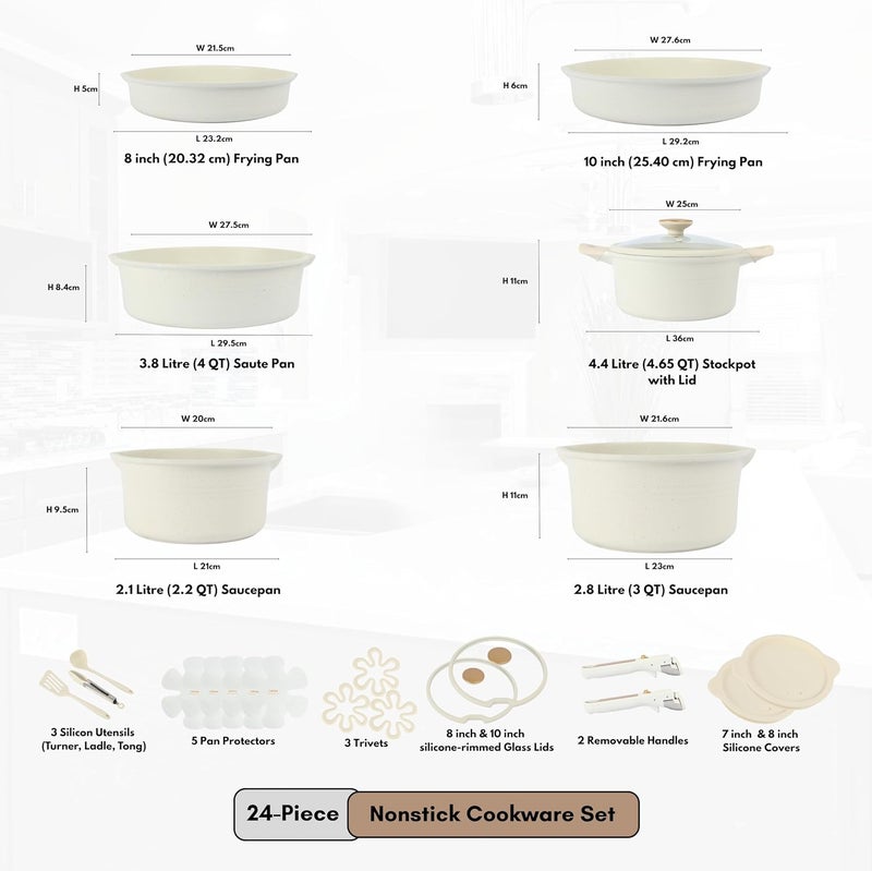 Carote 24-Piece Nonstick Cookware Set with Detachable Handle, Stackable Pots & Pans, PFOA-Free Aluminum Healthy Cooking Set with Pour Spouts, All Kitchen Stovetop Compatible, Dishwasher Safe (White) - Image 2