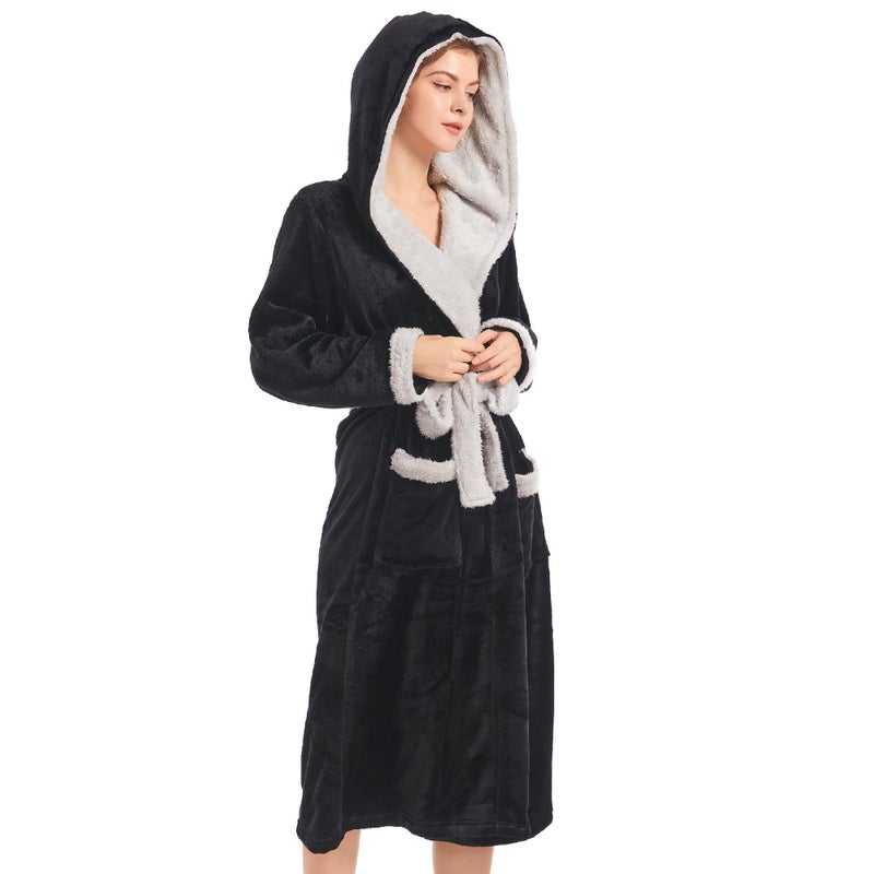 Inner Wish Women Hooded Plush Robe Fleece Cozy Warm Bathrobe Fuzzy Female Spa Robe With Pockets Spa Bathrobe BLACKLTGREY 2XL3XL