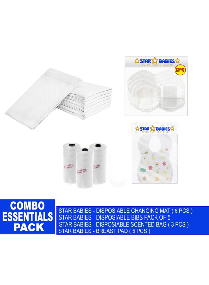 STAR BABiES حزمة مستلزمات الأطفال من 4 قطع: حصيرة تغيير 6 قطع، مريلة 5 قطع، حقيبة معطرة 3 قطع، وسادة صدر 5 قطع بيضاء - Image 1