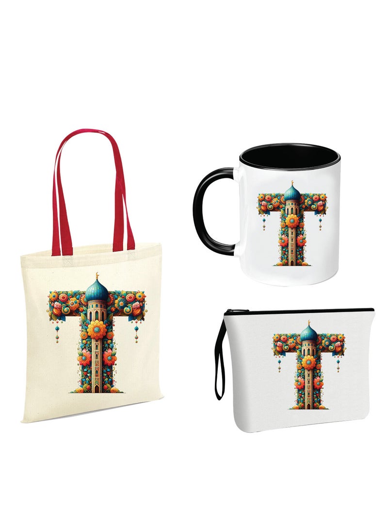 PRINTSHOP4ME Pack of 3 Initial Monogram Gift Set - Black Coffee Mug, Cosmetic Bag and Cotton Tote bag Set - Gift Set for Her - Perfect for Ramadan, School, Travel and Birthday Gift - Image 1