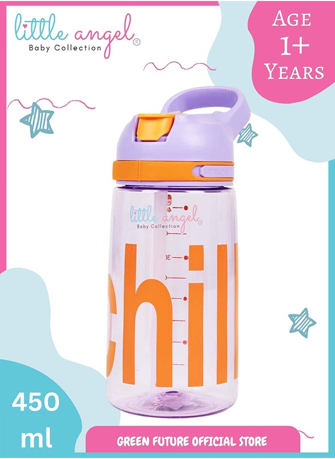 Little Angel Kids Water Bottle with Straw 450ml Lightweight Leakproof Portable with Handle for School Outdoor Sports Travel CHIL Design - Color Purple  - Image 1