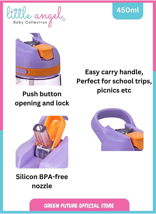 Little Angel Kids Water Bottle with Straw 450ml Lightweight Leakproof Portable with Handle for School Outdoor Sports Travel CHIL Design - Color Purple  - Image 3