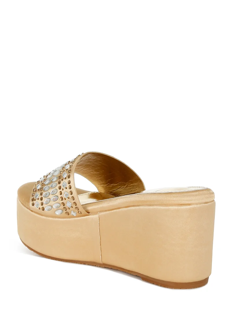 London Rag Diamante &amp; Rhinestone Detail Stylish Flatforms in Gold