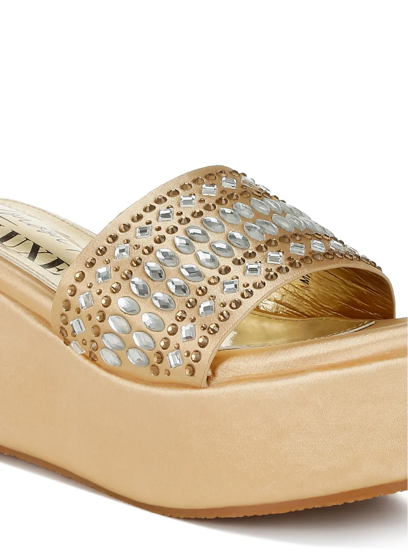 London Rag Diamante &amp; Rhinestone Detail Stylish Flatforms in Gold