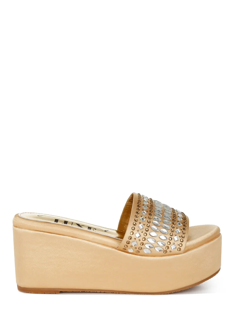 London Rag Diamante & Rhinestone Detail Stylish Flatforms in Gold