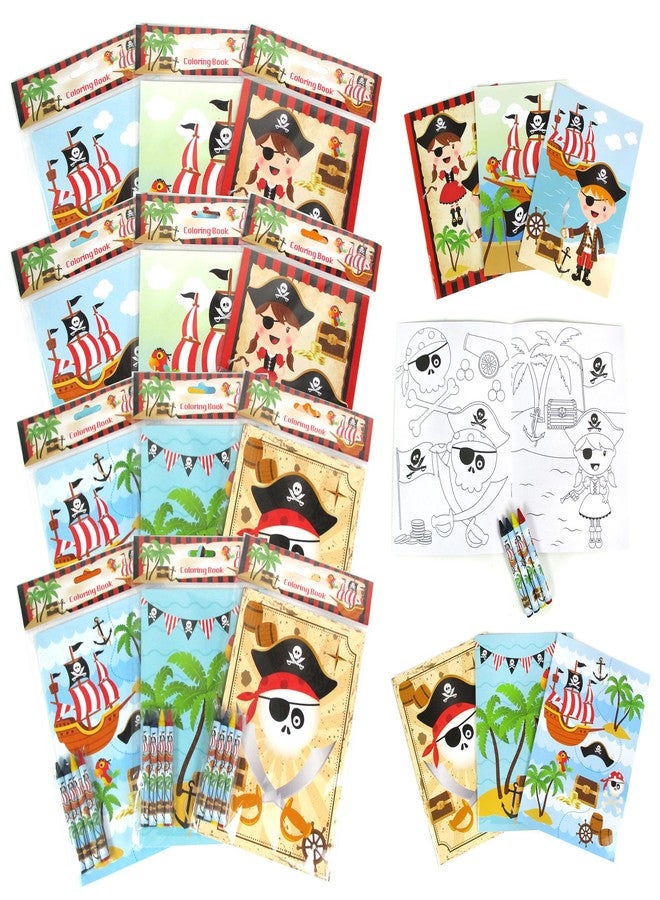 TINYMILLS Pirates Coloring Book Set with 12 Coloring Books and 48 Crayons Pirates Birthday Party Supplies Favor Bag Filler Carnival Prizes Rewards Classroom Party