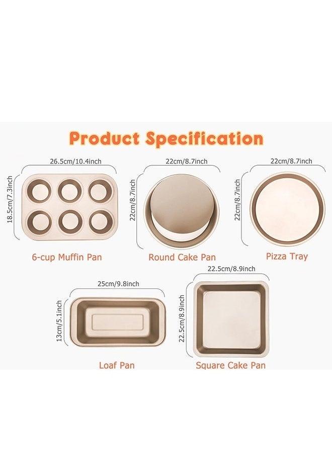 Arabest 5 PCS Nonstick Bakeware Set,  Baking Pans Set- Pizza Tray, Round/Square Pans, Loaf Pan, 6-Cup Muffin Pan Carbon Steel Baking Trays Oven Trays for Bakers Beginners with Rack and  Cotton Glove ( Gold) - Image 3