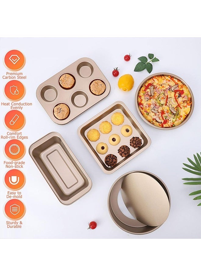 Arabest 5 PCS Nonstick Bakeware Set,  Baking Pans Set- Pizza Tray, Round/Square Pans, Loaf Pan, 6-Cup Muffin Pan Carbon Steel Baking Trays Oven Trays for Bakers Beginners with Rack and  Cotton Glove ( Gold) - Image 2