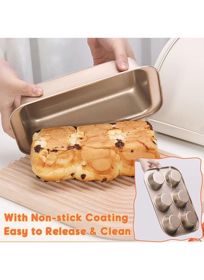 Arabest 5 PCS Nonstick Bakeware Set,  Baking Pans Set- Pizza Tray, Round/Square Pans, Loaf Pan, 6-Cup Muffin Pan Carbon Steel Baking Trays Oven Trays for Bakers Beginners with Rack and  Cotton Glove ( Gold) - Image 4