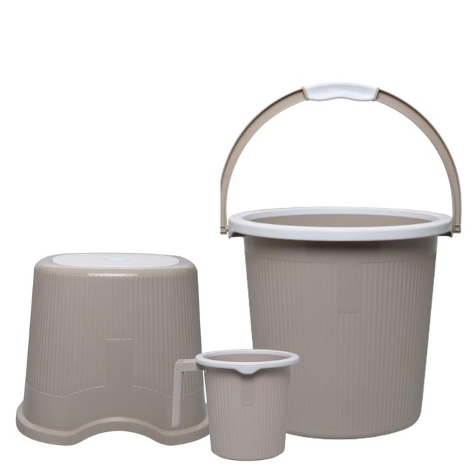 COMBO OF 3 PCS BATHROOM ACCESSORIES SET PLASTIC BATHROOM SET WITH PLASTIC BUCKET SMALL MUG AND MEDIUM STOOL FOR HOME KITCHEN BATHROOM LIGHT BROWN 25LTRLARGE